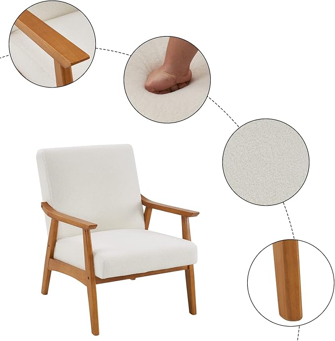 Accent ChairArmchair with Solid Wood FrameSolid Wood Armrest Velvet Simple Single Indoor Lounge Chair for Living Room Bedroom Reading Armchair (Creamy-White)