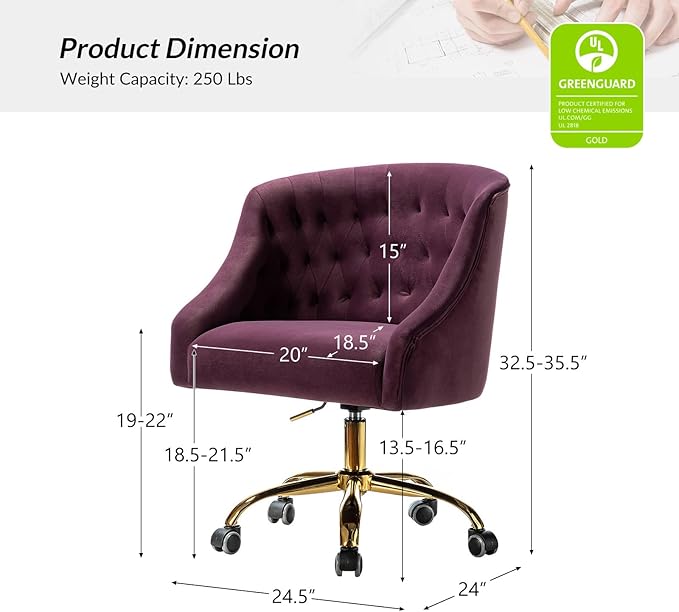 Velvet Home Office Chair with Gold Base Comfy Modern Cute Desk Chair Adjustable Swivel Task Chair for Study Living Room Bedroom Vanity Purple