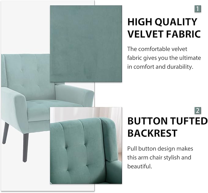 Dolonm Midcentury Modern Velvet Accent Chair with Arms Upholstered Reading Side Chair Tufted Back Decorative Wingback Chair for Living Room Bedroom (Mint Green)