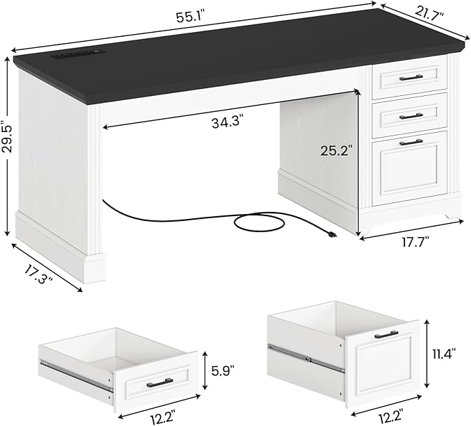 SEDETA Office Desk with 3 Drawers 55 Executive Computer Desk with Storage Drawers Farmhouse Desk with Power Outlet for Home Office White