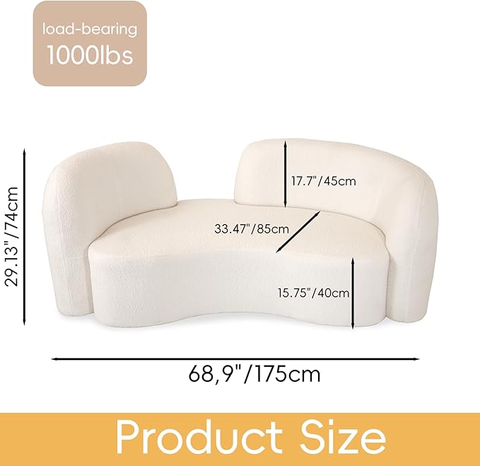 Curved couches for Living Room 2-Seat Luxury Couch 68'' Solid Wood and High-Density Foam Lamb Fleece for Small Space Bedroom Apartment Home Office White