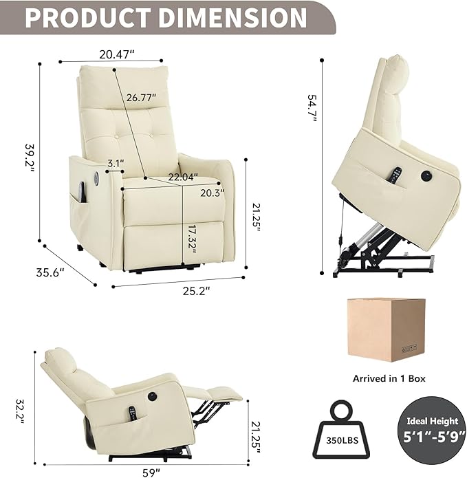 Small Power Lift Chair Recliner for Elderly Petite Power Recliner Chair with Massage and Heat | USB | High Back | Push Button | Side Pockets Liviing Room Easy Assembly (PU Leather Beige)