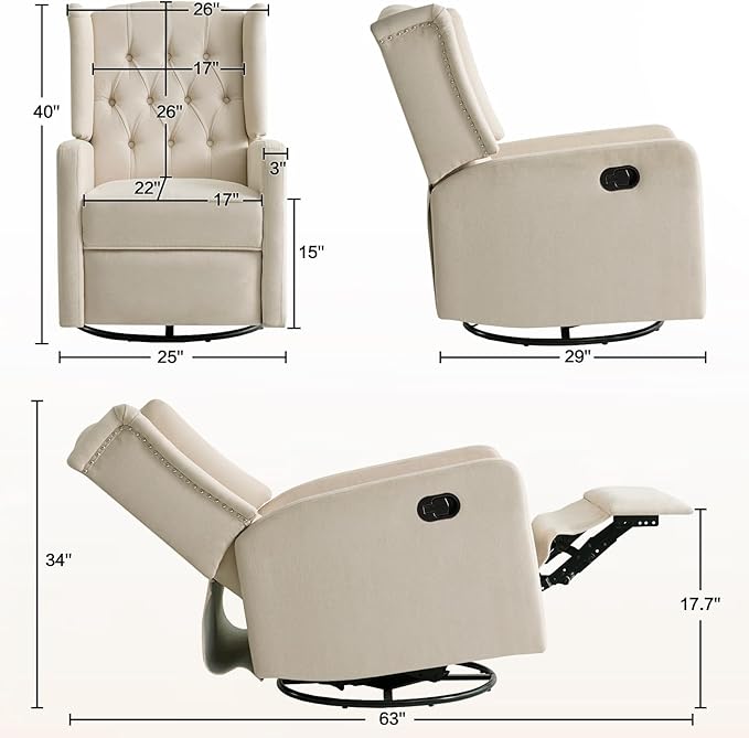 ABAKAN Swivel Rocker Recliner Chair 360 Degree Nursery Rocking Recliner Linen Glider Chair with Button Tufted Wingback Chair for Living Room BedroomAsh Beige