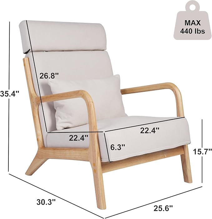 Mid Century Modern Accent Chair with High BackrestSet of 2 Living Room Chairs with Solid Wood FrameUpholstered Reading Armchairs for BedroomBeige