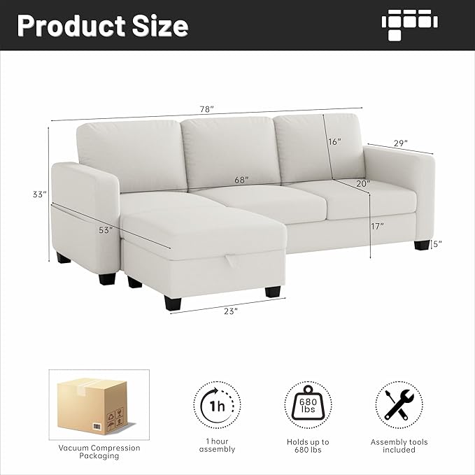 Youmumeub Sectional Couches for Living Room - Convertible Sofa and Storage Bench79''Modern Corner ConfigurationSuitable for Living Room Apartment Bedroom and Office-Beige