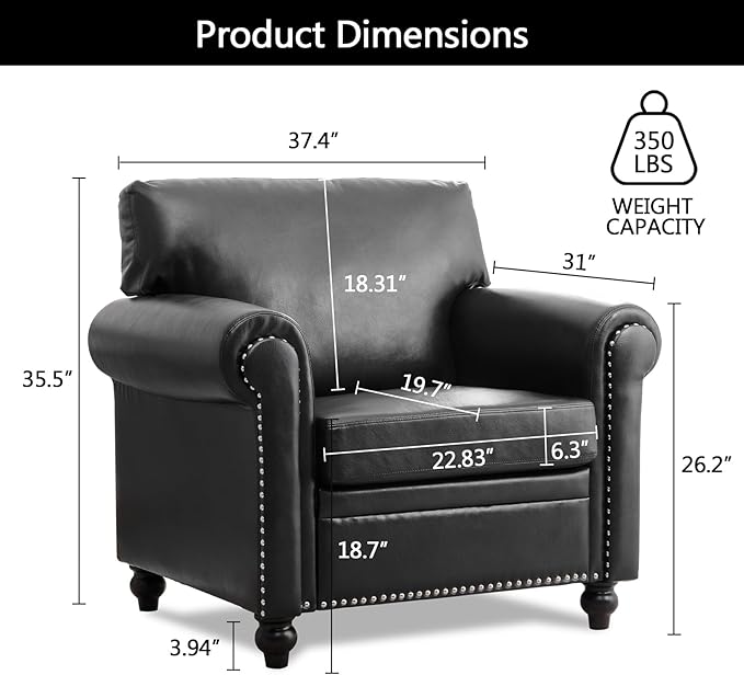Black Faux Leather ChairComfy Mid Century Modern Accent Chairs Set for Office Bedroom Living Room with Deep Seats Detachable Cushions and Nailhead Rolled Arms Easy Assembly