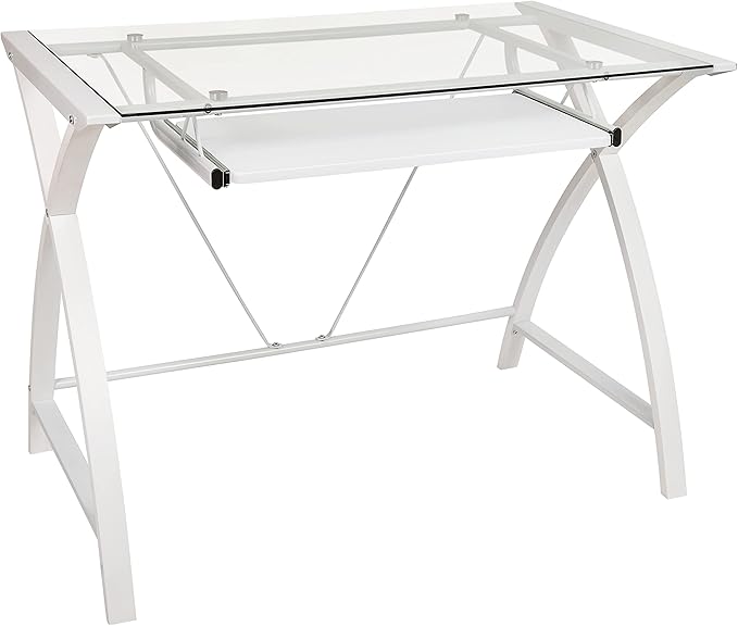 Flash Furniture Jude Clear Tempered Glass Computer Desk with White Pull-Out Keyboard Tray and White Crisscross Frame