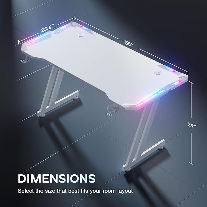 HLDIRECT 55 Inch Gaming Desk with LED Lights Carbon Fibre Surface Gaming Table Large Computer Desk Ergonomic Home Office Desks Z Shaped PC Gamer Workstations with Cup Holder &amp Headphone Hook White
