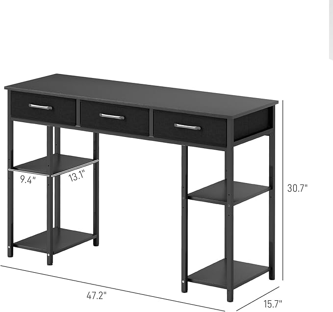 HOMCOM 47 Computer Desk with 3 Fabric Drawers Home Office Desk with Adjustable Shelves Small Writing Desk with Storage Black