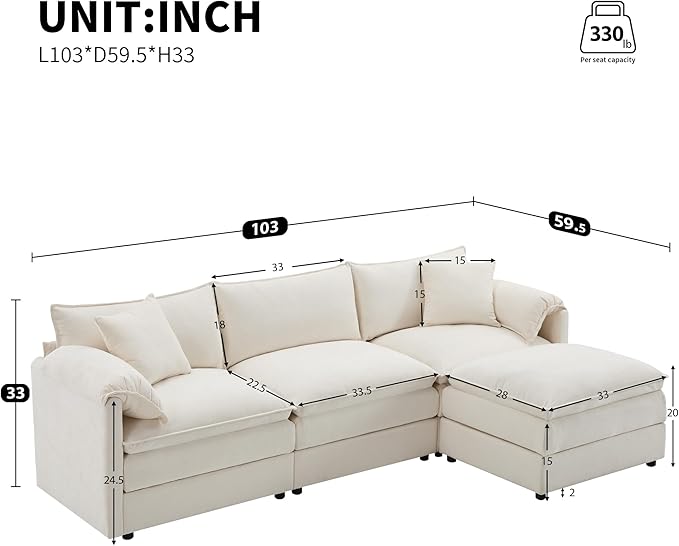 Merax Modern L Shaped Cloud Couch Set with Double Cushions 4 Seat Sectional Sofa Sleeper Bed with Movable Ottoman &amp 2 Pillows 103.5 Chenille Modular Sectional Sofa with Deep and Wide Seat Crea