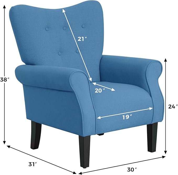 MELLCOM Mid Century Wingback Arm ChairModern Upholstered Fabric High Back Accent Chair with Wood LegsUpholstered Single Sofa Club Chair for Living Room Bedroom Home Office Blue