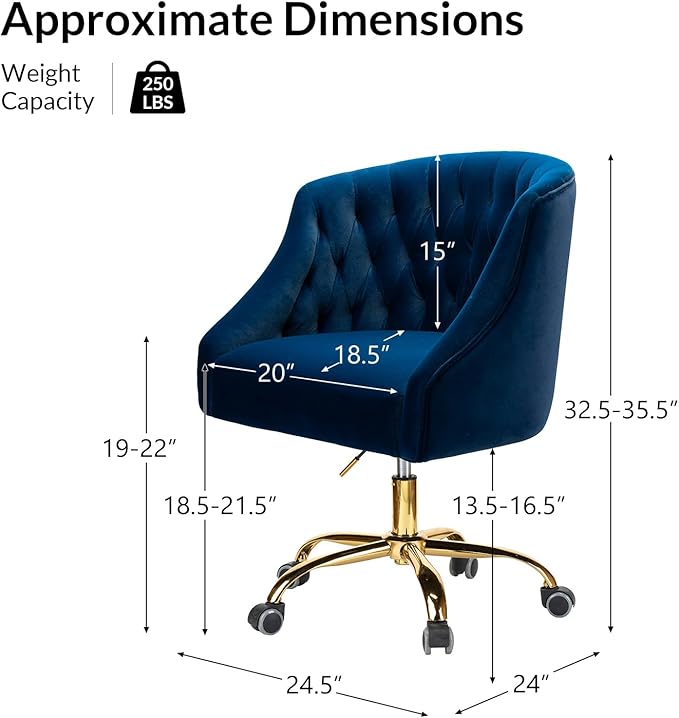 Velvet Office Chair with Gold Base Modern Cute Desk Chair Comfortable Adjustable Swivel Task Chair for Home Office Living Room Bedroom Vanity Study