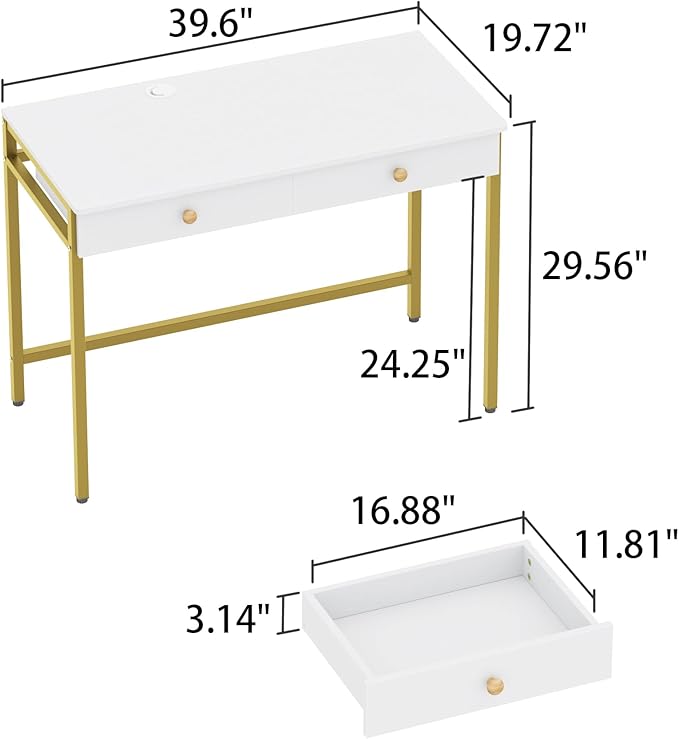 Weehom Computer Desk with Drawers Home Office Desk for Writing Studying and Gaming - Sturdy and Spacious Workstation for PC and Laptop(White and Gold)