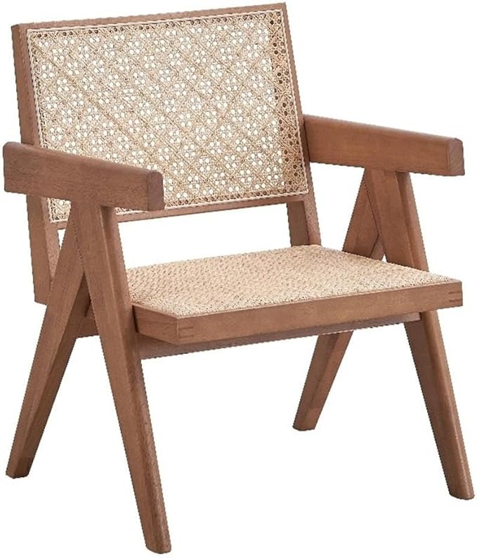Pemberly Row Rattan &amp Wood Accent Chair Natural Finish 32H x 24W x 26D Square Arms Woven Rattan Seat &amp Backrest Rustic Coastal Style Durable Wooden Frame Living Room or Family Room S