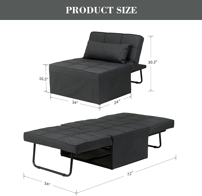 Ainfox Convertible Sofa Bed 4 in 1 Multi-Function Folding Ottoman Bed with Adjustable Backrest Modern Futon Couch No Assembly for Living Room Apartment Office Small Space (Black)