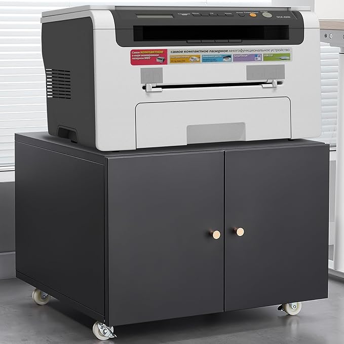 Mobile File Cabinet Metal Printer Stand with 360 Degree Rotation Wheels Rolling Copier Cabinet 2 Door Steel Printer Stand with Storage