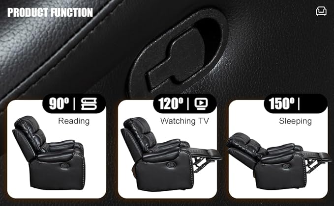 Manual Rocking Recliner Chair 36 Wide Black PU Leather with Diamond Stitching 350 lbs Capacity 90-165° Recline (Black)