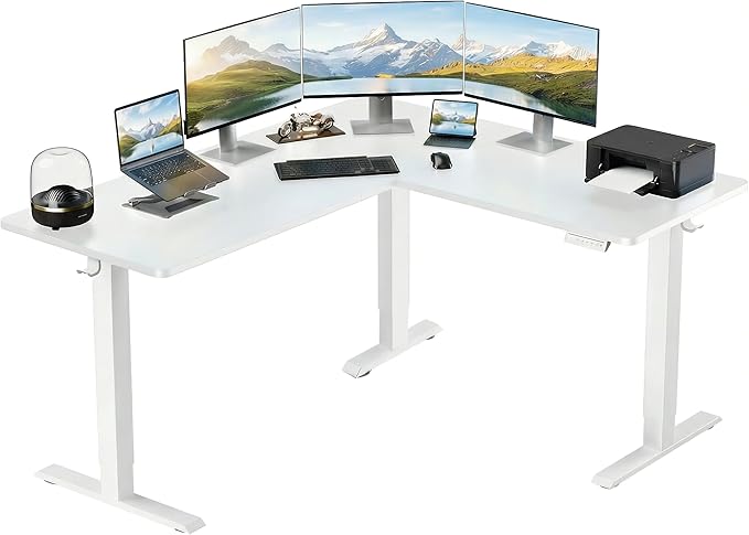 ErGear L Shaped Standing Desk 63x55 Electric Adjustable Height Sit Stand up Desk Ergonomic Large Computer Table Left &amp Right Interchangeable Installation Suitable for Home Office White