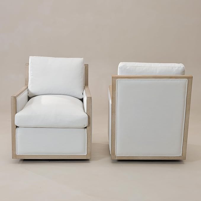 KINWELL 27 Wide Oak Wood Frame Performance Fabric Swivel Armchair Set of 2 No Assembly Down Fill Upholstered Swivel Barrel Chair with Removable Pillow Back for Living Room Bedroom (Ivory)