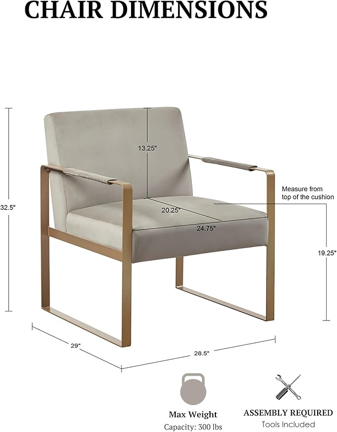 Martha Stewart Upholsterd Accent Chair Living Room Furniture-Modern Design Comfortable Foam Seat Cushion Bedroom Lounge Sophisticated Finished Sturdy Frame 28.5 W x 29 D x 32.5 H Taupe/Gold