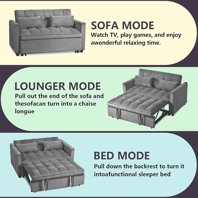 3 in 1 Pull Out Couch Bed Convertible Futon Sofa Bed Velvet Sleeper Loveseat for Small Living Room Adjustable Backrest Comfy Pillows Side Pocket (Dark Grey)