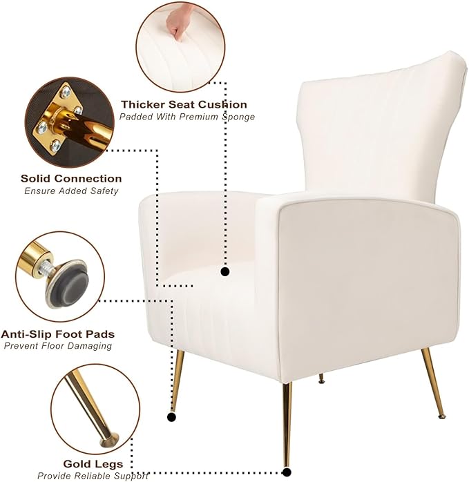 Velvet Accent Chair Wingback Arm Chair with Gold Legs Upholstered Single Sofa for Living Room Bedroom White
