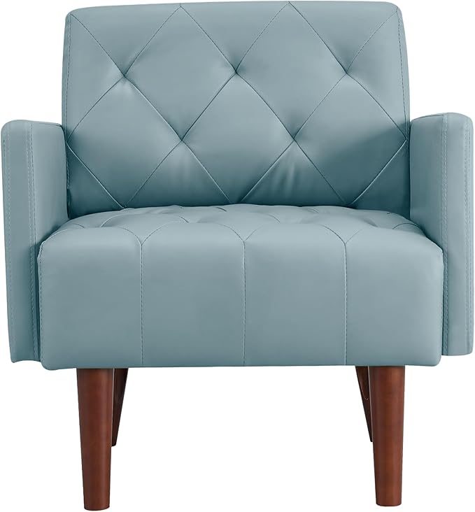 Accent Chairs Leather Accent Chair Modern Upholstered Living Room Chair Cozy Armchair Button Tufted Back and Wood Legs for Bedroom Office Cafe (Sky Blue)