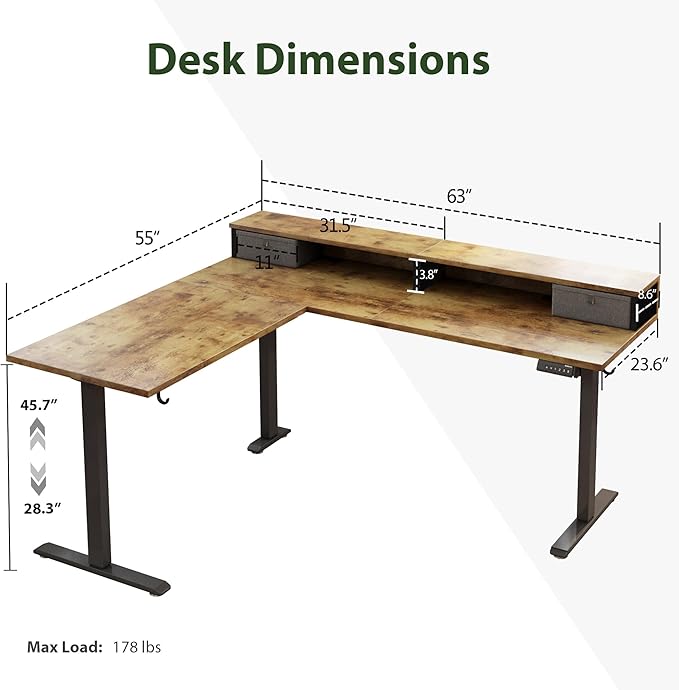 Agilestic L Shaped Electric Standing Desk with 2 Drawers 63 Inch Ergonomic Adjustable Height Desk with Storage Corner Desk Sit Stand up Computer Table for Work Office Home Rustic Brown