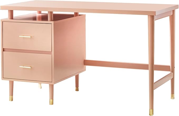 Margo 50 Wide Mid-Century Modern Wood Desk with Drawers Stylish Elevated Top Design Solid Pine Wood Tapered Legs Computer Desk for Home Office &amp Study Blush Pink