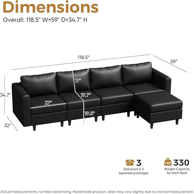 ABCASA Faux Leather Modular Sectional Sofa 118.5 L Shaped Couch Set for Living Room 5-Seater Comfy Cloud Couches with Movable Storage OttomanDIY Combination - Black