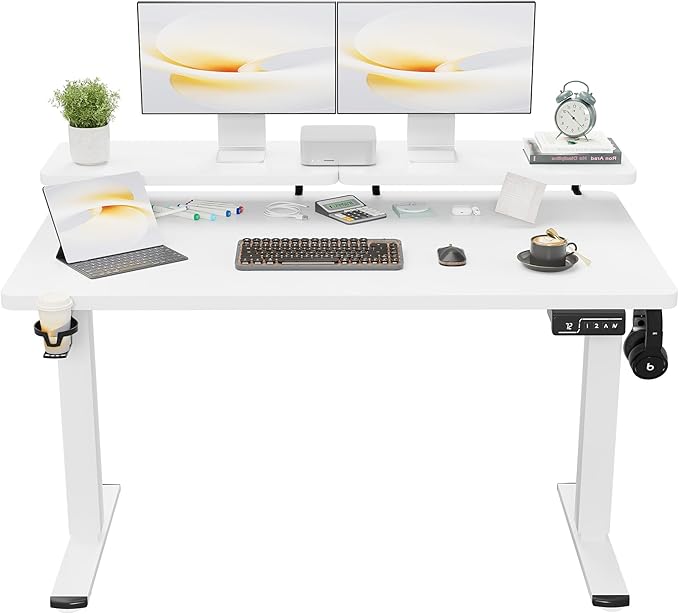 Shahoo Electric Standing Desk with Monitor Shelf 55 x 24 Inches Height Adjustable Corner Table Computer Workstation with Cup Holder and Hook for Home Office White 55x24 Inch