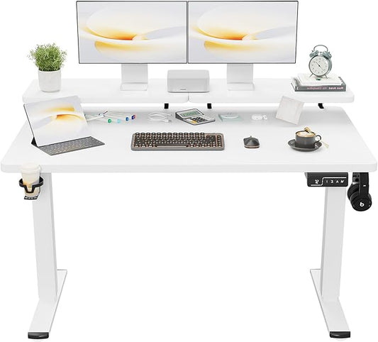 Shahoo Electric Standing Desk with Monitor Shelf 55 x 24 Inches Height Adjustable Corner Table Computer Workstation with Cup Holder and Hook for Home Office White 55x24 Inch