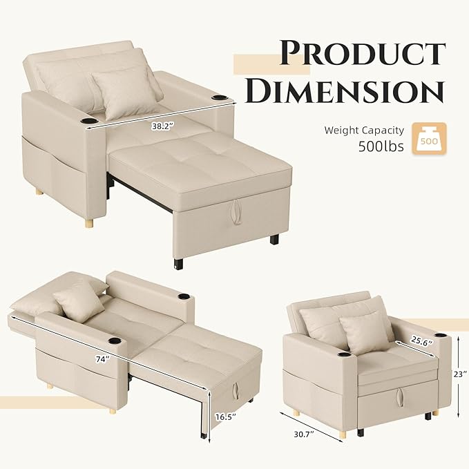 YODOLLA Sleeper Chair 38 Extra Wide Convertible Chair Bed Upgraded 3-in-1 Pull Out Single Sofa with Adjustable Backrest Cup Holder Pocket for Adults for Living Room Apartment Small Space Beige