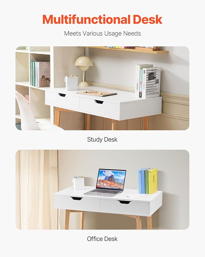 VEVOR Small Desk with Drawers Kids Desk for Bedroom Wooden Simple Study Table for Drawing Reading Writing Rectangle MDF Furniture Study Storage Table for Home Office White + Wood