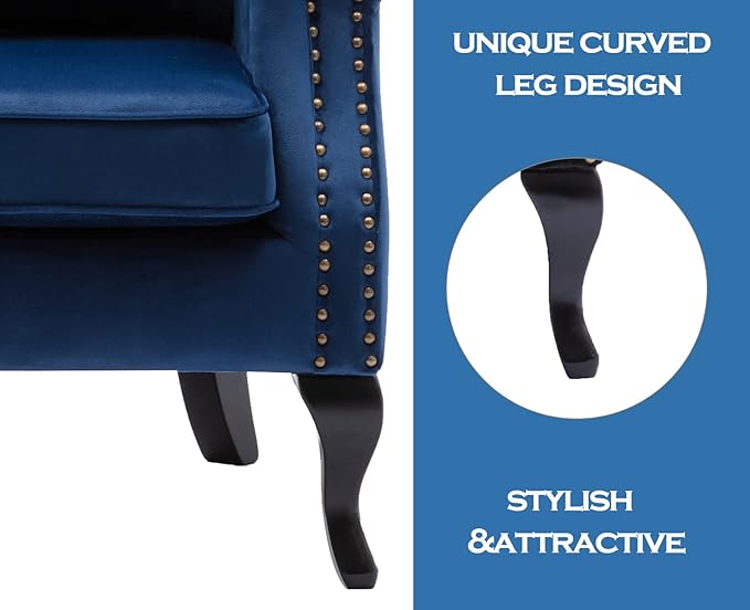 Kmax Velvet Tufted Accent Chair Mid Century Throne Chair Comfy Sofa Chair Padded Seating WingBack Unique Wood Legs Home Club Bedroom Living Room Blue