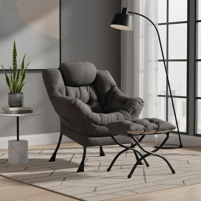Lazy Chair with Ottoman Modern Accent Chair Contemporary Sofa Chair with Armrests Reading Chair and Folding Footstool Set for Living Room Bedroom Office Dark Grey