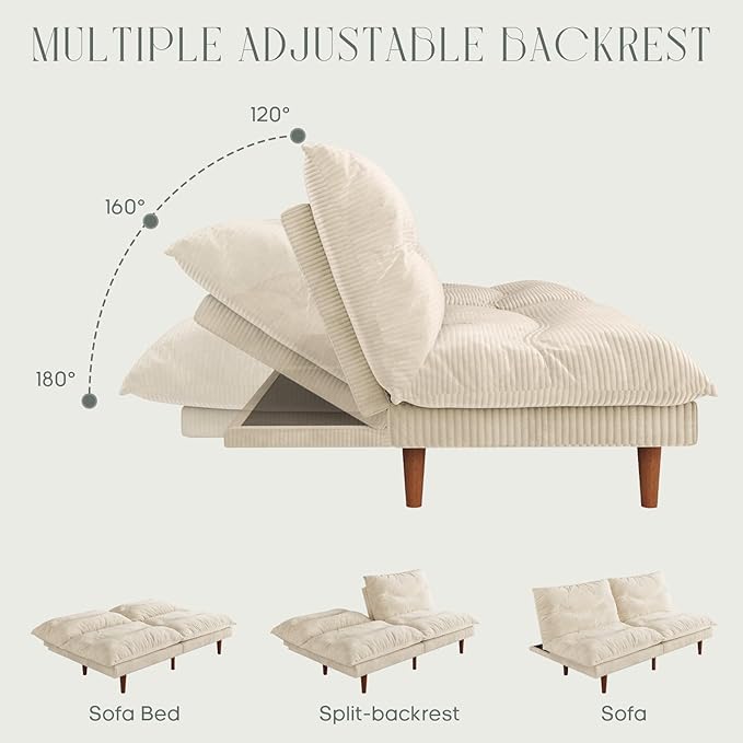 Futon Sofa Bed 69 inch Futon Couch with Adjustable Backrest Corduroy Convertible Sleeper Sofa Bed Folding Sleeper Recliner for Apartment Living Room Office Beige
