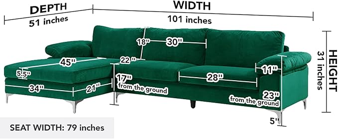 Casa Andrea Milano Modern Large Velvet L-Shape Sectional Sofa with Extra Wide Chaise Lounge Couch