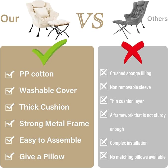 Lvory Lazy Chair with Ottoman Large Velvet Accent Chair with a Throw Pillow Comfy Leisure Sofa Chair for Living Room Bedroom Dorm Room Office Apartment Reading Relaxing Use