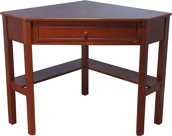 Ellen Wood Small Corner Desk with Wooden Knob Storage Drawer and Shelf – Compact Computer Table for Home Office Bedroom or Study Cherry