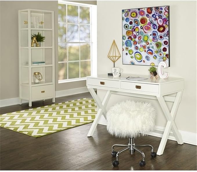 Riverbay Furniture Campaign Style Writing Desk 44 in x 20 in x 30 in White Finish Rose Gold Hardware 2 Drawers X-Framed Legs Sturdy Home Office Desk for Work and Study