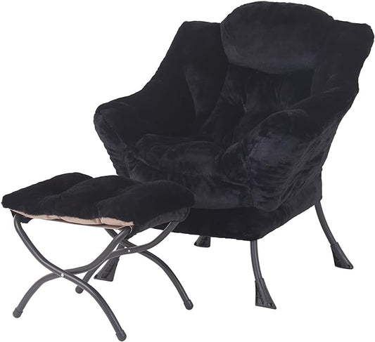 Welnow Lazy Chair with Ottoman Modern Accent Chair with Armrests and a Side Pocket Leisure Sofa Armchair Reading Armchair with Footrest for Small Space Plush Black