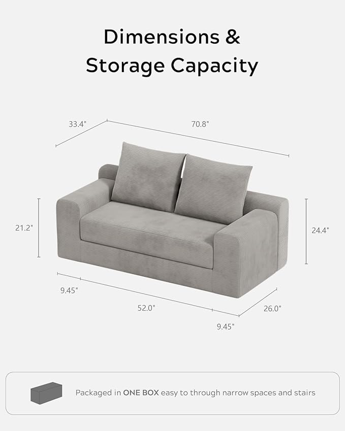 Modern Loveseat Sofa for Living Room 71 Cofy 3-Seater Couch Pull Out Sofa Bed with 2 Pillows Corduroy Boneless Convertible Couch for Small Space Apartment Grey