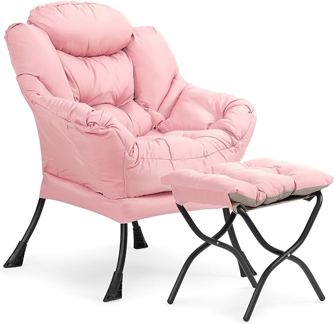 Athena Collection Lazy Lounge Chair with Ottoman Modern Soft Reading Arm Chair for Adults Comfy Sofa Armchair with Footrest and Side Pocket for Corner Living Room Bedroom Small Space Pink