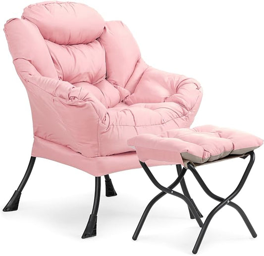 Athena Collection Lazy Lounge Chair with Ottoman Modern Soft Reading Arm Chair for Adults Comfy Sofa Armchair with Footrest and Side Pocket for Corner Living Room Bedroom Small Space Pink