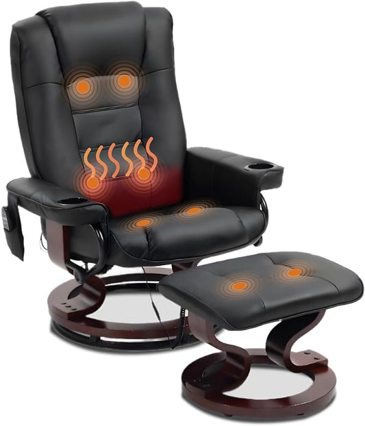 8-Point Massage Recliner with Ottoman Heated PU Leather Reclining Chair w/Solid Wood Base Indoor Lounge TV Chair with Footrest for Living Room and Bedroom Black