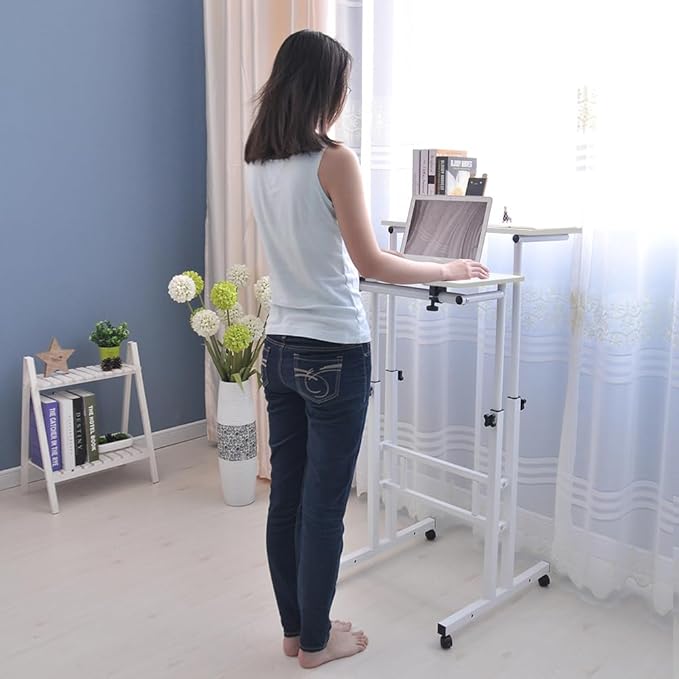DlandHome Mobile Standing Desk Stand Up Desk Rolling Desk Stand Sit Desk Mobile Computer Desk Adjustable Standing Desk 23.6inches Table Workstation Mobile Desk Cart Tray White