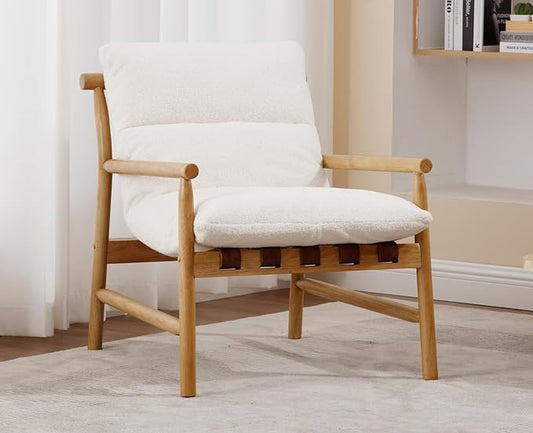 Kmax Modern Sling Accent Chair Mid-Century Faux Fur Living Room Chair Soft Comfy Lounge Chair Solid Wood Frame Chair with Armrest for Bedroom Reading Room Backyard White