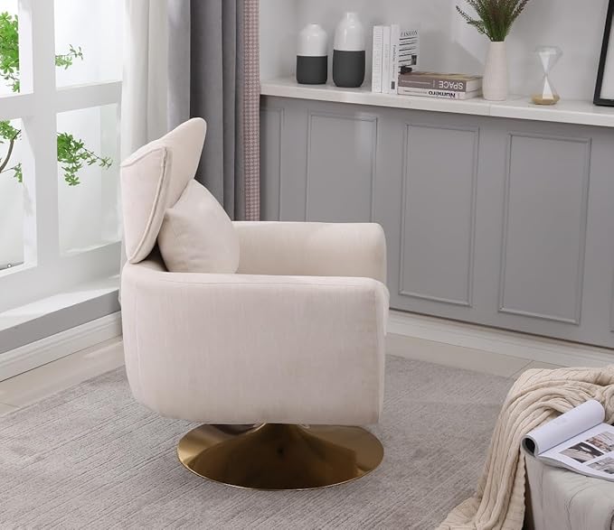 Swivel Accent Chair Armchair Classic Mid-Century 360 Degree Swivel Sofa ChairUpholstered Accent ChairTeddy Fabric Leisure Chair for Living RoomBedroom Office (Beige + Linen)