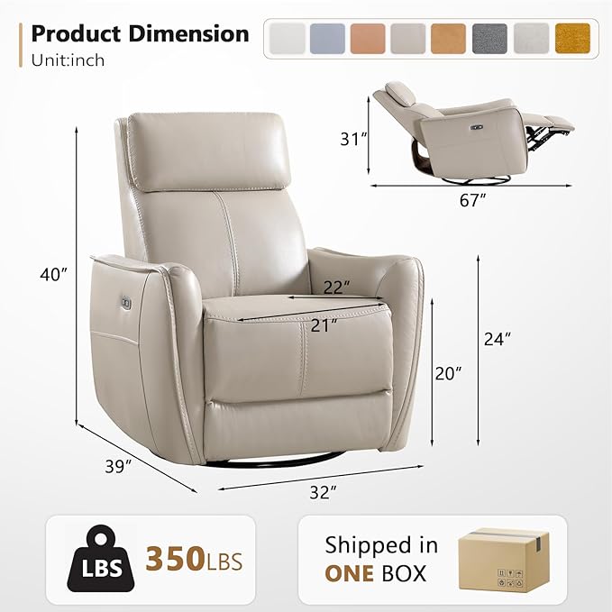 ANJ Power Swivel Rocker Recliner ChairNursery Rocking Chairs with USB &amp Type C PortUpholstered Faux Leather Glider Rocking Chair for Living Room Silver Gray